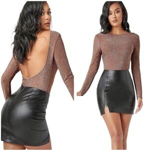 Shein METALLIC bronze STRETCH BODYSUIT open back BLOUSE SHIRT